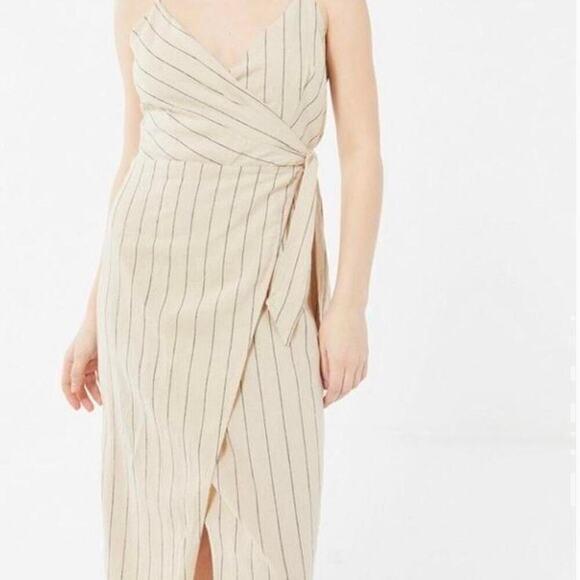 Urban Outfitters Quebec Linen Side-Tie Midi Wrap Dress Striped in Cream, Medium - Picture 8 of 13